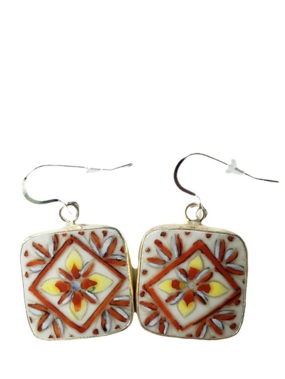 Artisan Ceramic Talavera Tile Mosaic Square Drop Earrings Terracotta Boho Dangle